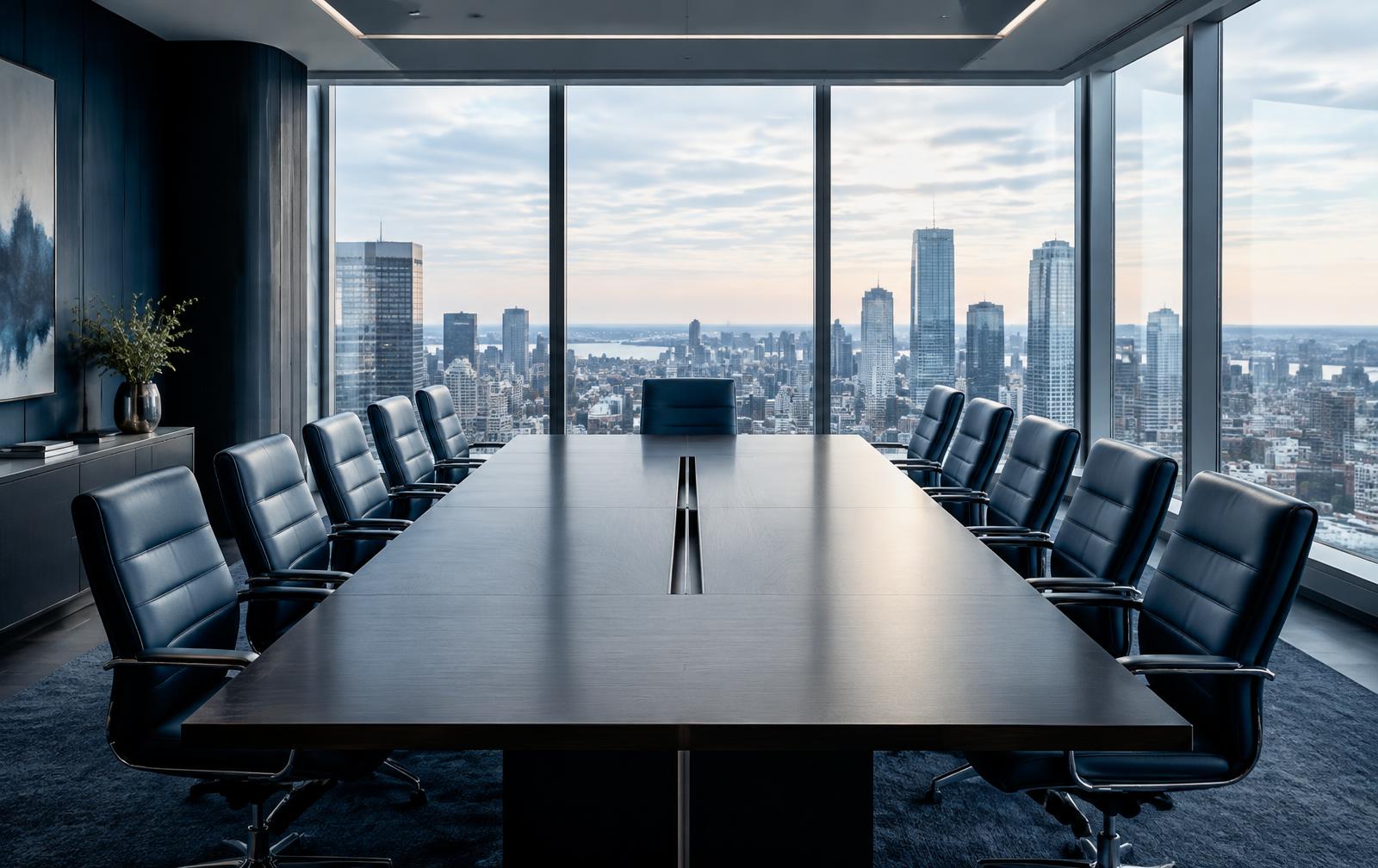 Empty boardroom table with leather chairs overlooking a city skyline