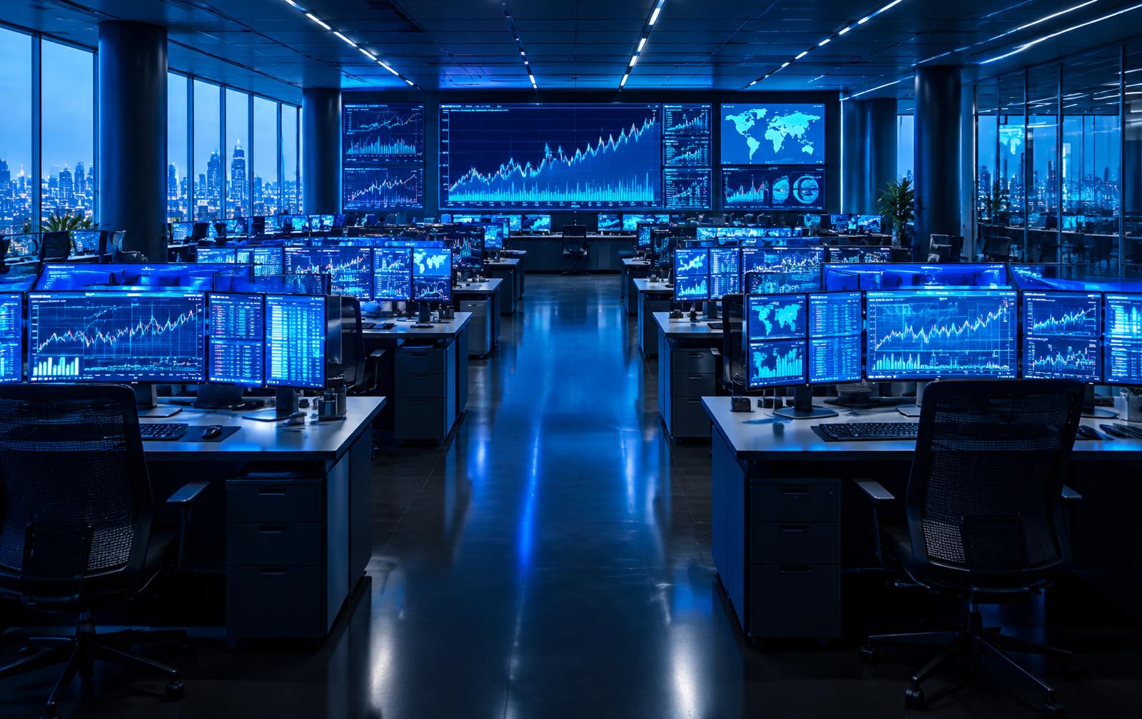 Illustration of a trading floor with multi-monitor desks